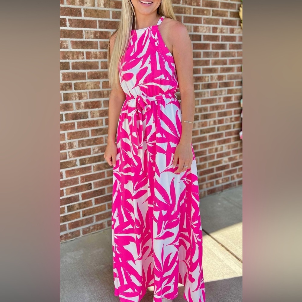 Pink palm print Halter Top dress